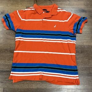 Nautica Orange and Blue Striped Polo - 100% Cotton - Large